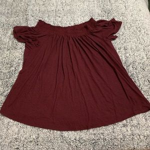 Maroon Pinstripe Cold Shoulder Top
